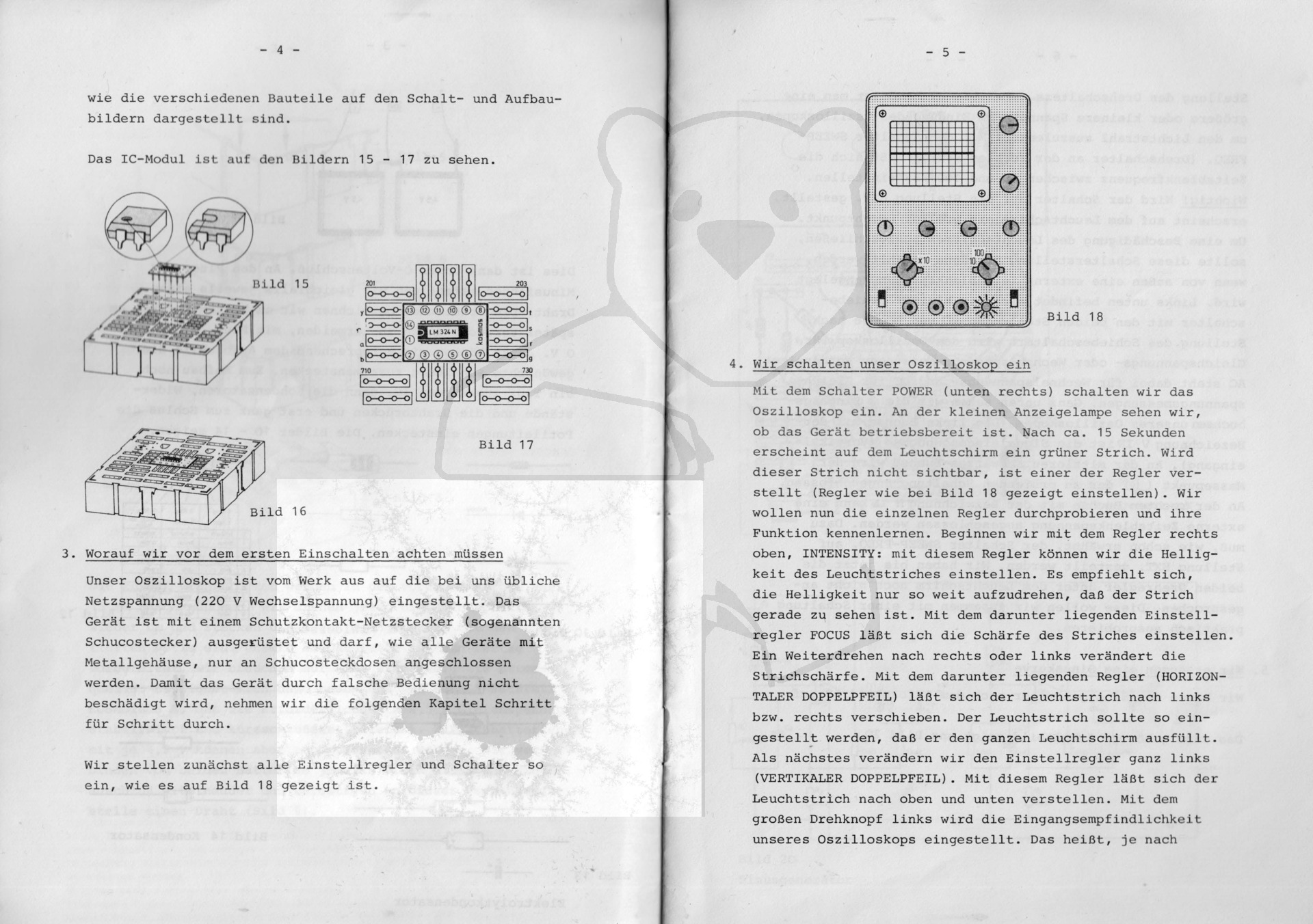 Kosmos Elektronik Oszilloskop mit Funktionsgenerator Bausatz, Experimentieranleitung Seite 4,5